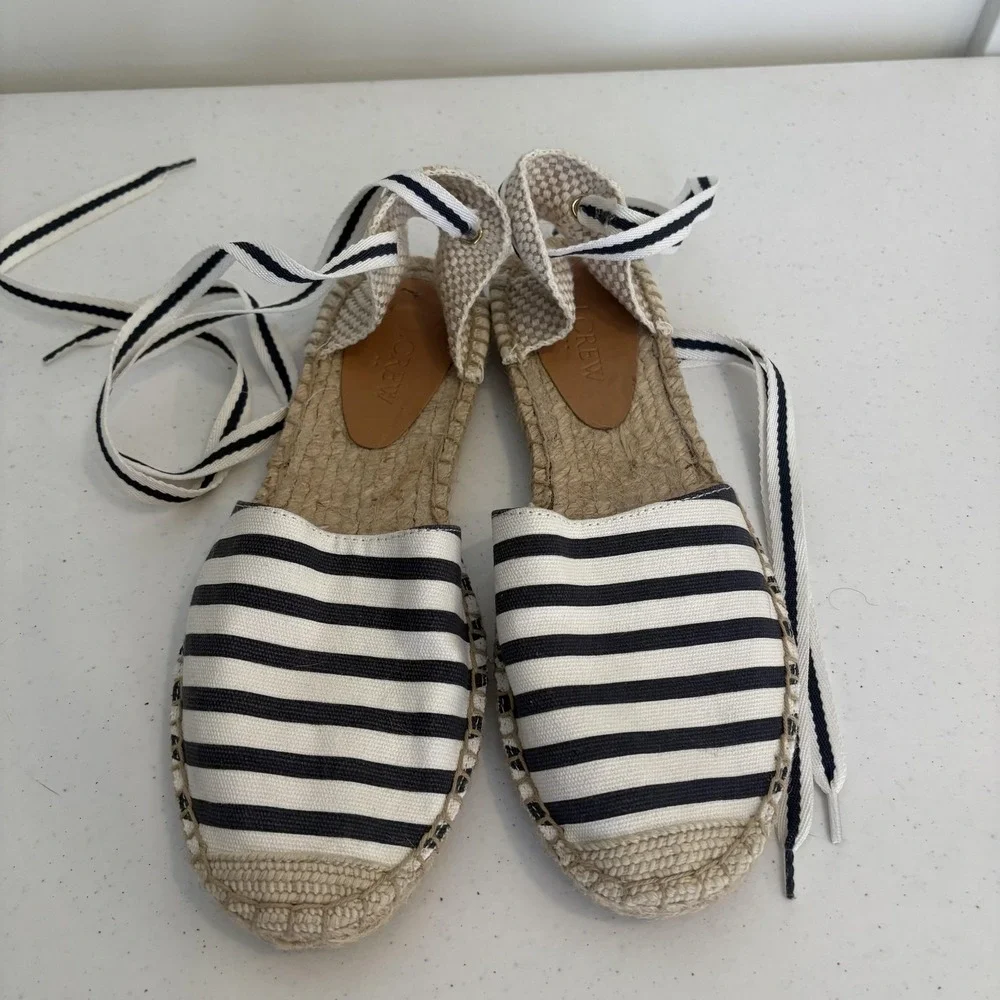 J Crew Shoes Womens Size 8 Navy Ivory‎ Espadrille Stripe Ankle Tie Flats Summer